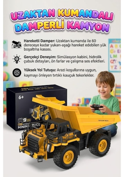 Uzaktan Kumandalı 9 Fonksiyonlu 2.4Ghz 30cm Şarjlı Sesli Işıklı Hareketli Damperli Oyuncak Kamyon