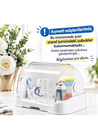 Kapaklı Bulaşıklık Biberon Kurutucu Ve Saklama Kutusu Toz Geçirmez Mutfak Bulaşık Kurutmalığı Çekmeceli Su Tahliyeli Çok Amaçlı Kurutma Rafı Beyaz