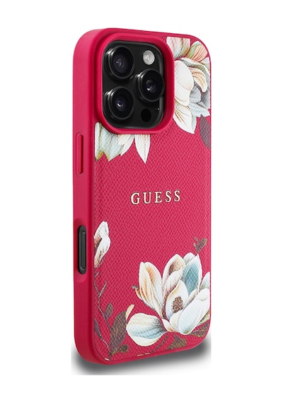 Apple Uyumlu iPhone 16 Pro Kılıf Guess Magsafe Şarj Özellikli Çiçek Tasarımlı Yazı Logolu Kapak Fuşya