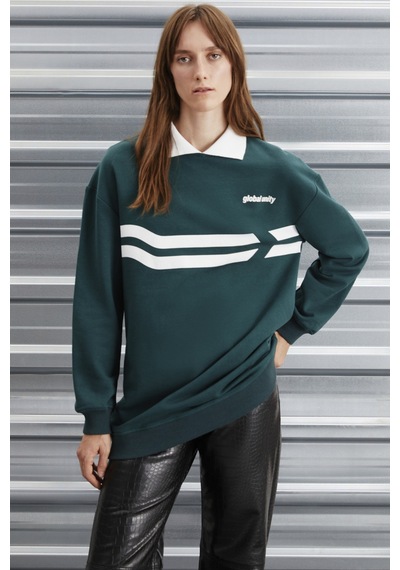 ETHIQUET AR ENE Kadın Içi Polarsız Polo Yaka Parça Baskı Detaylı Yeşil Sweatshirt
