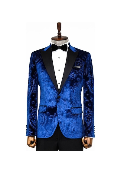 Wessi Floral Desenli Kadife Lacivert Erkek Smokin Ceket 001