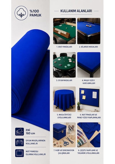 Favora Saks Mavisi Kadife Dokulu Çuha Kumaşı 8 Metre - Okey, Bilardo Ve Oyun Masaları İçin