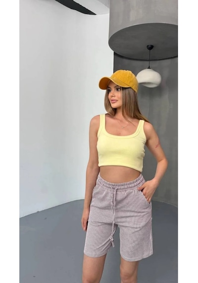 Thiffgymwear Yandan Cepli Beli Bağcıklı Su Yolu Kadın Çizgili Şort Kırmızı