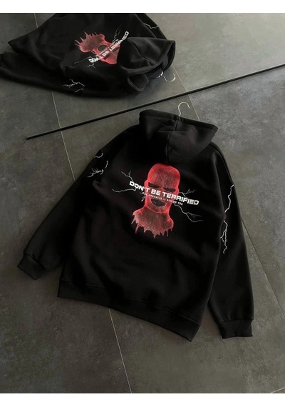 Vexor Üç İplik Kapşonlu Baskılı Oversize Sweatshirt- Siyah