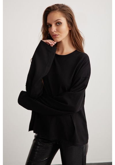 Grımelange Basıl Kadın %100 Pamuk Bisiklet Yaka Oversize Fit Uzun Kollu Siyah T-shirt