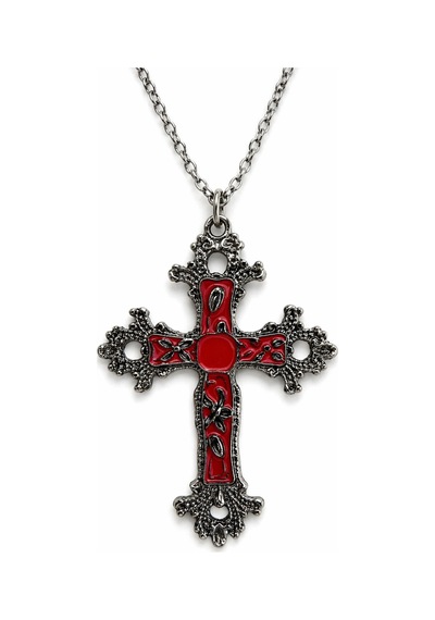 Kırmızı Detaylı Gotik Haç Kolye Unisex Metal Zincirli Çok renkli