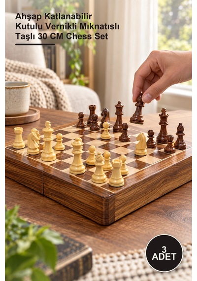 3 Adet Satranç Takımı Ahşap Katlanabilir Kutulu Vernikli Mıknatıslı Taşlı 30 Cm Chess Set