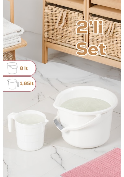 Porsima 2 Li Banyo Balkon Temizlik Seti 8l Kulplu Kova 1,65l Maşrapa Banyo Seti Beyaz Beyaz