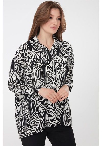Desen Triko Kadın Zebra Desenli Gömlek Siyah Siyah