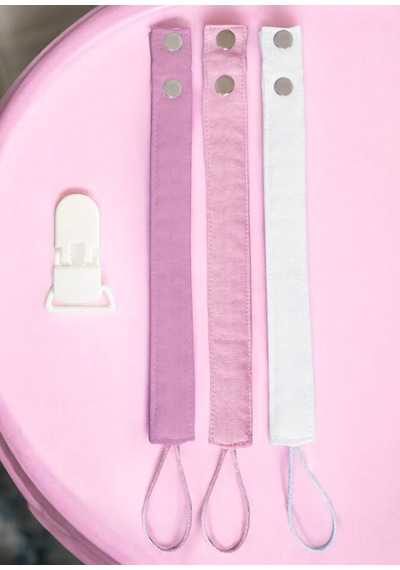 Joyous Mom Kids Müslin Bebek Emzik Askısı Plastik Klips Tutacaklı Beyaz - Pembe