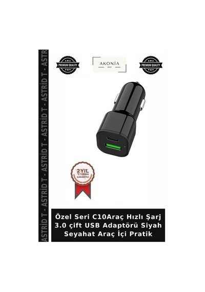 Özel Seri C10araç Hızlı Şarj 3.0 Çift Usb Adaptörü Siyah Seyahat Araç İçi Pratik