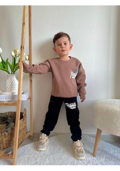 Jolly Kids Erkek Çocuk Baskılı Sweatshirt Takım Kahverengi