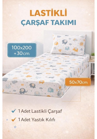 Lastikli Çarşaf Lüks%80 Pamuklu Tek Kişilik Takımı Çocuk Ayı Desen +1 Adet%80 Pamuklu Hayavan-fil Desenli Yastık Kılıflı
