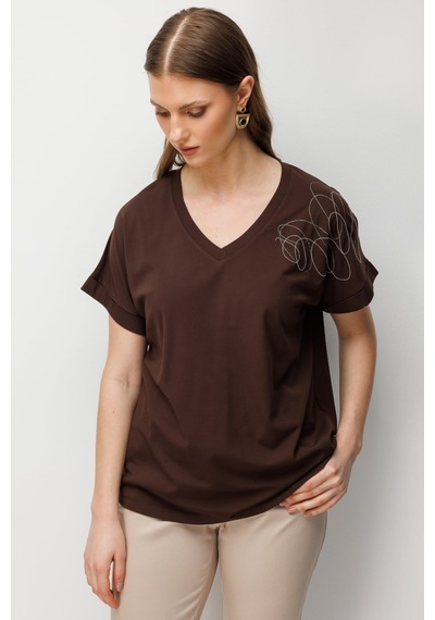 On Kadın Büyük Beden Tek Omzu Zincirli V Yaka T-shirt 71368 Kahverengi
