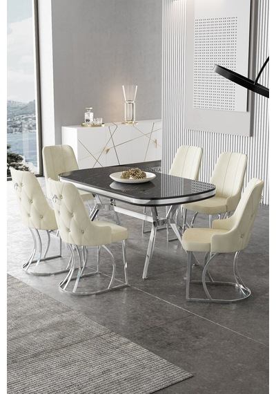 Canisa Epal Serisi 90x168 Lak Panel Siyah Mermer Desen Krom Ayaklı Masa Takımı Ve 6 Krem Sandalye Masa Siyah Mermer Desen Sandalye Krem Canisa Epal Serisi 90x168 Lak Panel Siyah Mermer Desen Krom Ayaklı Masa Takımı Ve 6 Krem Sandalye Masa Siyah Mermer Desen Sandalye Krem