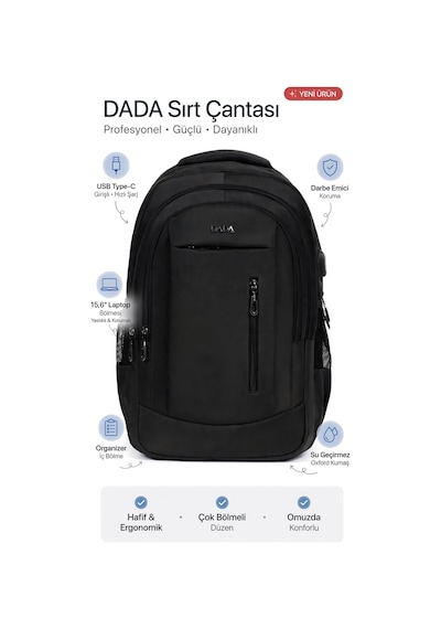 Markahit Dada Usb Type-c Girişli, Ortopedik Sırt Destekli Laptop Bölmeli Sırt Çantası %100 Yerli Üretim Siyah