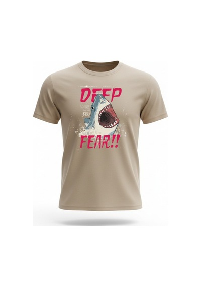 Urbantrendstore Unisex Deep Fear Köpekbalığı Tatil Oversize Fit Rahat Geniş Salaş T-shirt Günlük Tişört Bej