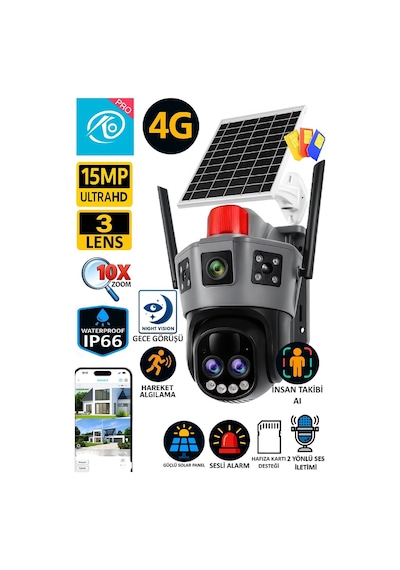 Vn Okam 6020 15mp 3 Lensli 4g Solar Güneş Enerjili Akıllı Güvenlik Kamerası Gece Görüş İnsan Takibi