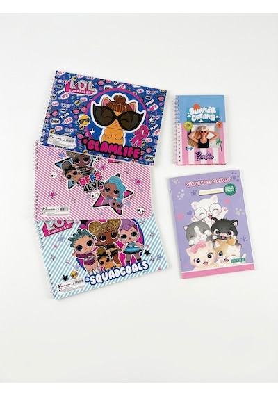 L.o.l. Surprise & Barbie Temalı Defter Seti - 3 Adet L.o.l. Spiralli Defter + Barbie Not Defteri + Kedi Figürlü Güzel Yazı Defteri