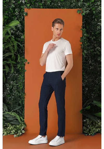 Efor Comfort Fit Beli Lastikli Pötikareli Casual Lacivert Pantolon P 1149 Lacivert