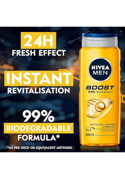 Boost Duş Jeli 500 Ml, 3'ü 1 Arada Komple Bakım, Vücut, Saç Ve Yüz İçin, Kafein İle Canlandırıcı Bakım Diğer