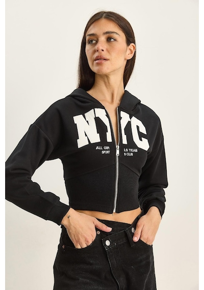 Shade Kadın Nyc Nakışlı Üç İplik Şardonlu Kapüşonlu Crop Hırka 6942 60283794 - Siyah