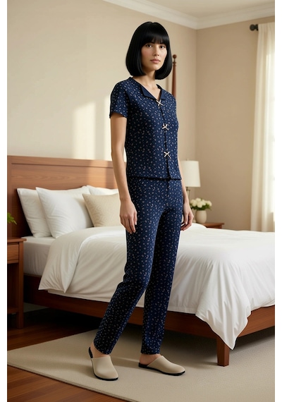 Benerly Kadın V Yaka Kısa Kol Çiçekli Pointel Örme Pijama Takımı Fonksiyo lacivert