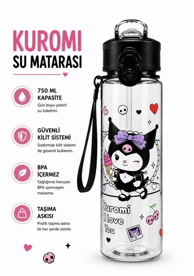 Fenomen Kuromi Pipetli Matara 750 Ml Büyük Boy Askı Aparatlı Çantanın En Şirin Eşyası Kuromi Matara Siyah