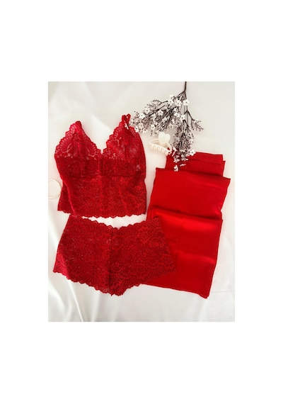 Mh Moony Homewears 3'lü Waspce Kırmızı Dantel Üst Saten Alt Pijama Takımı Kırmızı