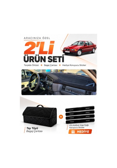 Bmw 3.20i E36 Aırbagsiz 1990-2000 Uyumlu Torpido Örtüsü + Tay Tüyü Bagaj Çantası Seti - Siyah