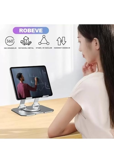 Robeve Tablet Standı 360 Derece Dönebilen Tablet Stand Katlanabilir Metal Tablet Tutucu Standı Tablet Ve Telefon Tutucu Stant Tablet Tutucu Metal Metalik Gri