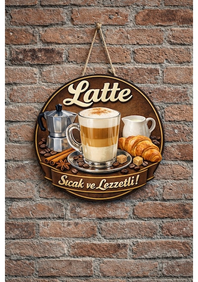 Mayeka Cafe Restoran İçin Latte Kahve Duvar Kapı Tablo Süsü Ahşap Askılı Pano Tabela No 9