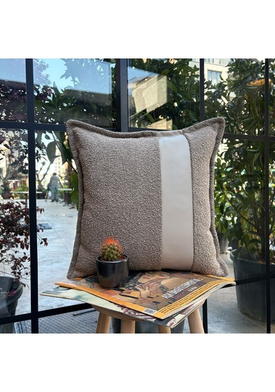 "terra Lux" Deri Detaylı Kırlent Kılıfı - 45x45 Koyu Vizon
