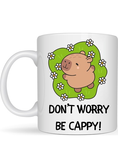 Don T Worry Be Cappy Tasarım Kupa Model 231 Sevimli Kapibara Baskılı Seramik Kahve Kupası Çok Renkli