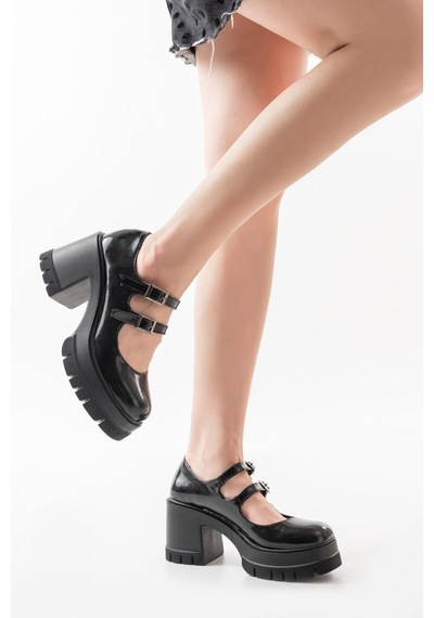 Asmi Shoes Kadın Samba İki Baletli 8 Cm Topuklu Platformlu Ayakkabı Siyah Rugan Siyah