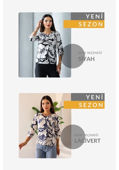 Kadın Uzun Kollu Bisiklet Yaka Desenli Rahat Bluz - Günlük, Şehir Şıklığı Sınırlı Stok Kadın Bluz Mavi