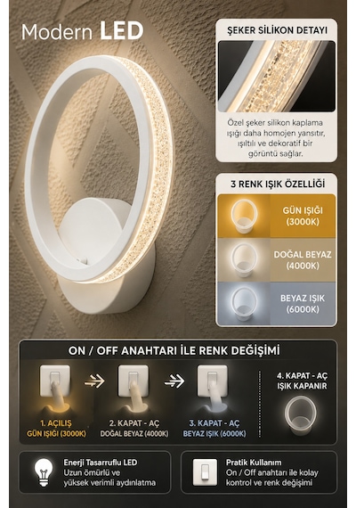 Ares Modern Tasarım Beyaz Renk Gün Işığı, Beyaz Ve Sarı Işıklı Ledli Banyo - Mutfak - Salon Ledli Duvar Aplik