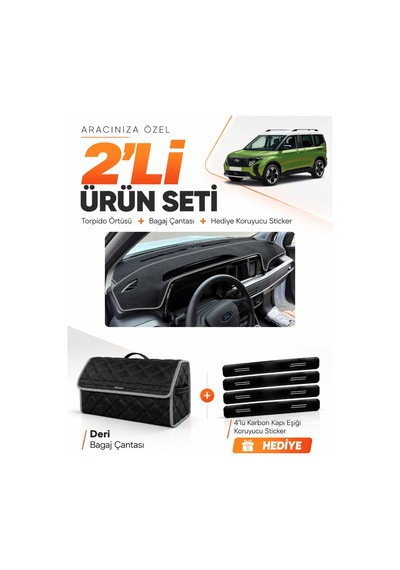 E-biz Ford Courier 2024-2027 Uyumlu Torpido Örtüsü + Deri Bagaj Çantası Seti - Siyah-gri - Fo037