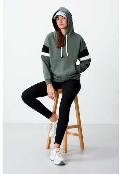 Tommy Life Haki Kompakt Pamuklu Kalın Pürüzsüz Dokulu Kapüşonlu Oversize Fit Kadın Sweatshirt - 97290 Haki