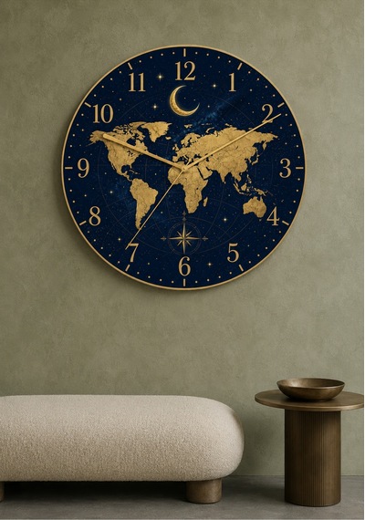 AA Shop Dünya Haritası Desenli Dekoratif Baskılı Ahşap Duvar Saati 45 Cm Sessiz Akar Mekanizma 864 Çoklu Renkli
