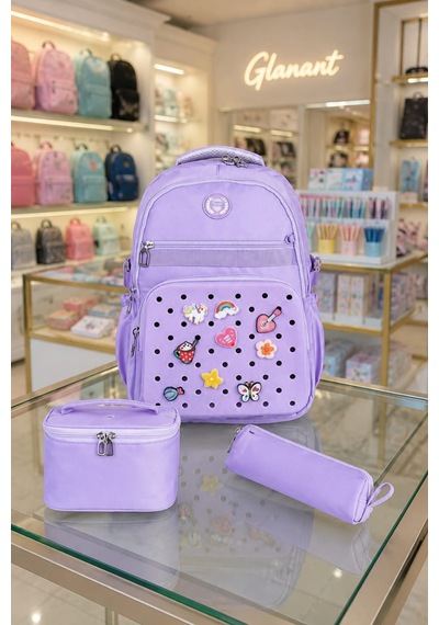 3'lü Set Çocuk İlkokul Çantası+ Kalemlik+ Beslenme Delikli Model Relaxio Mor