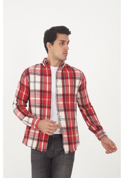 Mcz Giyim Erkek Uzun Kollu Slim Fit Dar Kesim Gömlek Yaka Dokuma Kırmızı Oduncu Gömlek