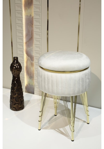 Bianco Metal Ayaklı Sehpalı Puf Altın Kırık Beyaz Gold Off White