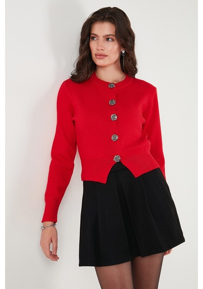 Lela Premium Regular Fit Yuvarlak Yaka Crop Triko Bayan Hırka 680Hi00110 Kırmızı