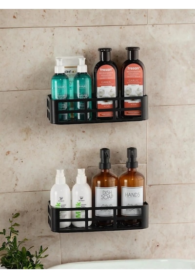 Banyo Düzenleyici Şampuanlık Sabunluk 2 Li Set Yapışkanlı Duşakabin Düzenleyici Organizer Siyah
