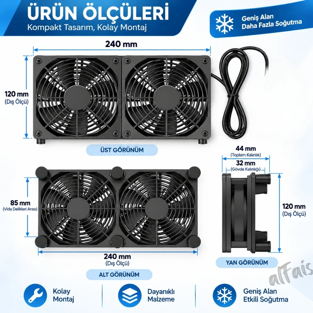 Çift Usb Soğutucu Fan Laptop Modem Konsol Altı 240mm 5v 3 Kademe Hız Ayarlı Aç Kapa Anahtarlı