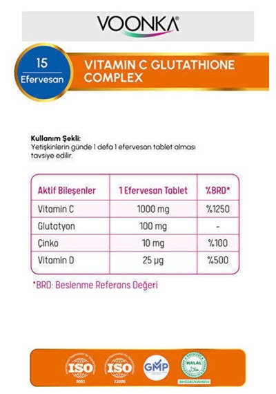 Oonka Vitamin C 1000 Mg Glutathione Complex 15 Efervesan Tablet İki Kutu