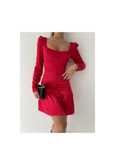 Munora Butik Önü Düğmeli Saten Kırmızı Elbise Kırmızı Kırmızı