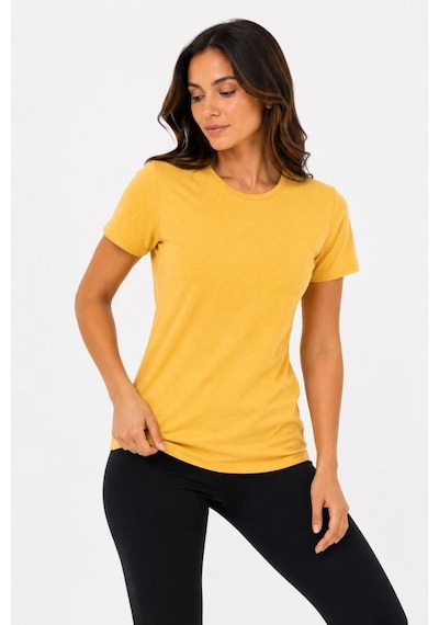 Kadın Basic Tişört Bisiklet Yaka Kısa Kol Günlük Yazlık Slim Fit T-shirt - Sarı