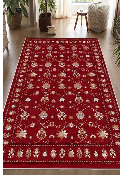 Dijital Baskılı Renkli Kilim Desenli Kaymaz Taban Yıkanabilir Halı Bordo